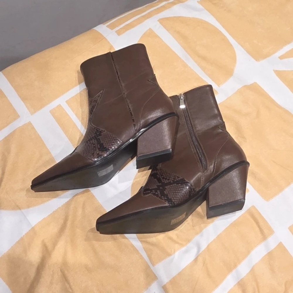 Boohoo Brown Heeled Boots with Snakeskin Accent